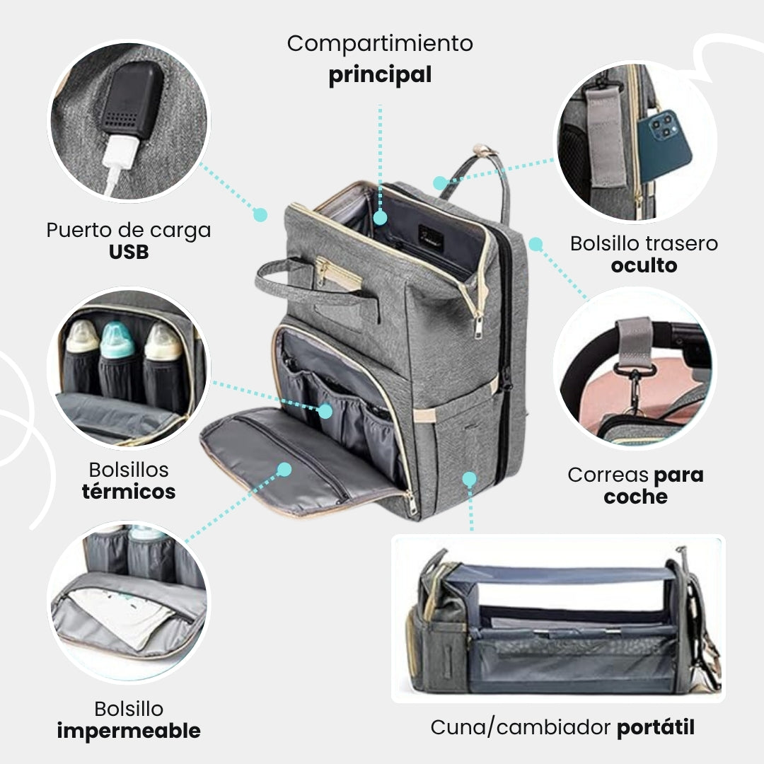 Mochila Pañalera 3 en 1 — Cuna, cambiador y pañalera todo en uno